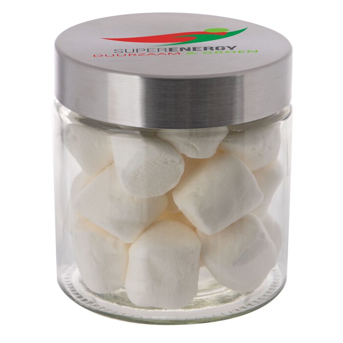 Glazen pot 0,9 liter gevuld met Marshmallows bedrukken