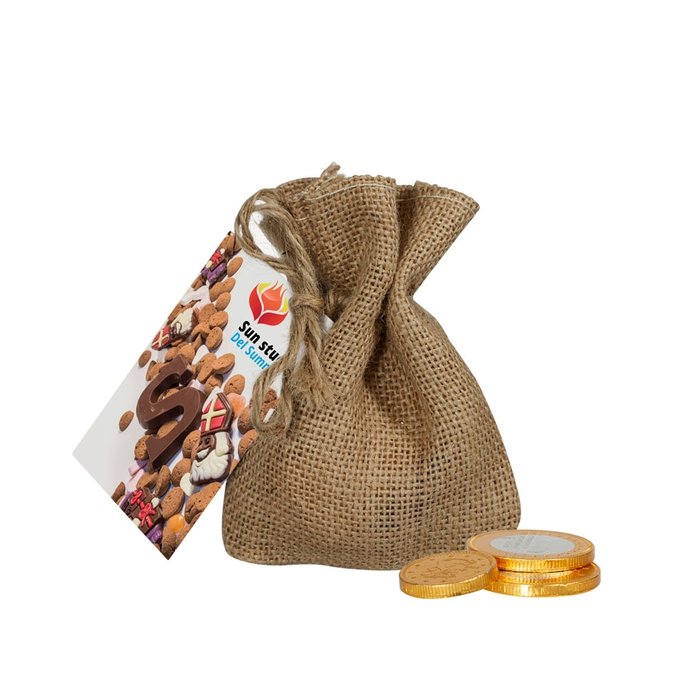 Jute zakje chocolade munten bedrukken