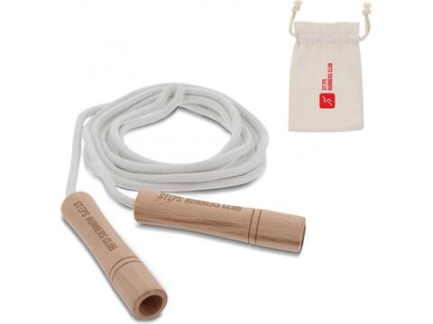 Jumping rope with wooden handles in a cotton pouch