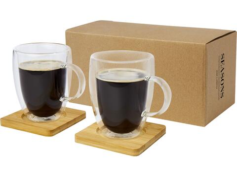 Manti 2-piece 350 ml double-wall glass cup with bamboo coaster