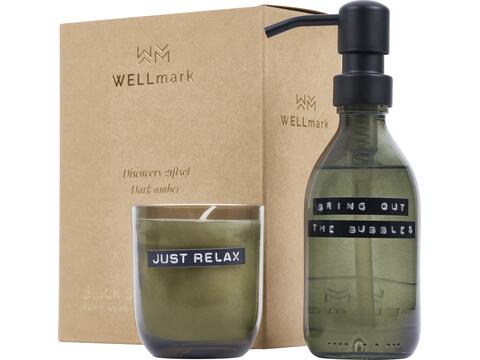 Wellmark Discovery 200 ml hand soap dispenser and 150 g scented candle set - dark amber fragrance