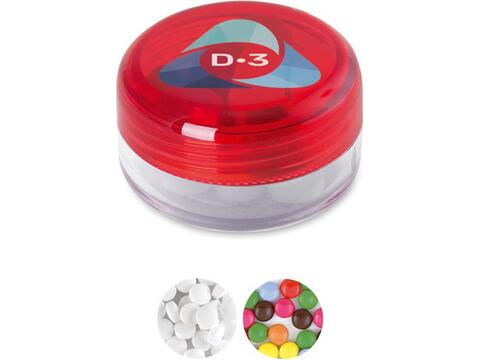 Boîte plastique ronde sur mesure remplie de menthes ou de bonbons – design entièrement personnalisé