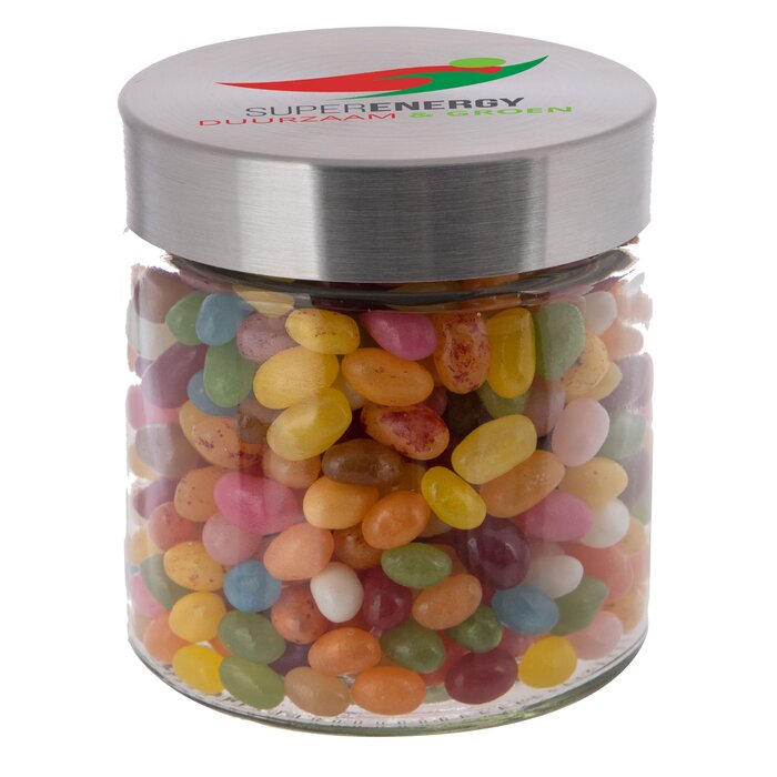 Glazen pot 0,9 liter gevuld met Jelly Beans bedrukken