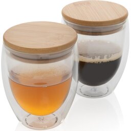 Dubbelwandig borosilicaatglas met bamboe deksel 250ml set-voorbeeld