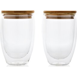 Dubbelwandig borosilicaatglas met bamboe deksel 350ml set-recht